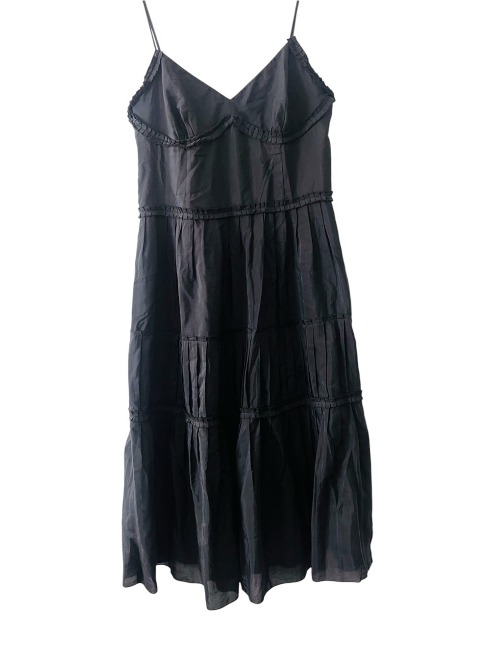 Ann Taylor Black silky & cotton Spaghetti-Strap Tiered Midi Dress - Sz 8